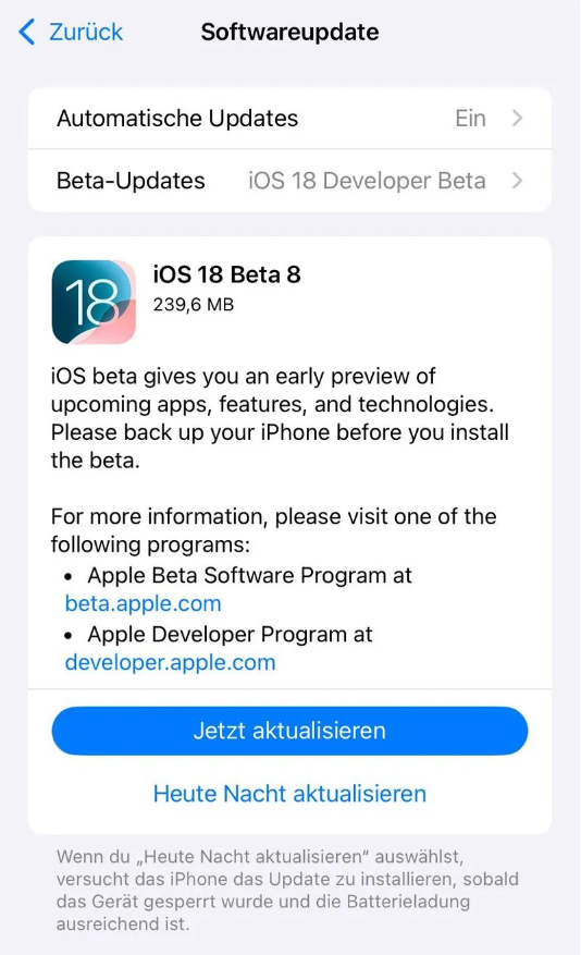 丹凤苹果手机维修分享苹果 iOS / iPadOS 18 开发者预览版 Beta 8 发布 